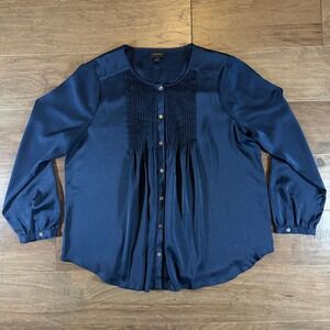 J Jill Wearever Navy Blue Satin Pintuck Button Front Blouse Large RN 97641